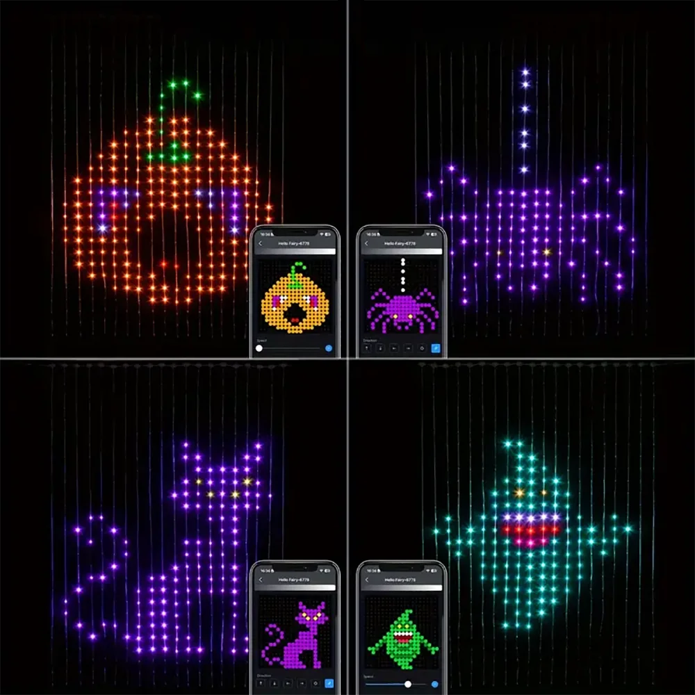 أضواء سلسلة LED ذكية مع جهاز تحكم عن بعد ، أضواء ستائر ، مزامنة الموسيقى ، التحكم في التطبيق ، عيد الهالينات ، ديكور حفلة عيد الميلاد