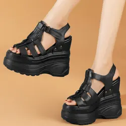 16cm Wysokie obcasy Czółenka Plus Size Buty Kobiety Skóra bydlęca Kliny Gladiator Sandały Kobiety Okrągłe palce Moda Trampki Duży rozmiar Buty