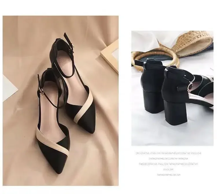 Klassische Damen-Pumps mit Beigefarbenem Quadratischem Absatz und Spitzer Form für Partys, Frühling und Sommer, Schwarze Schnalle, PU-Leder, Professionelle Schuhe – Detail 10