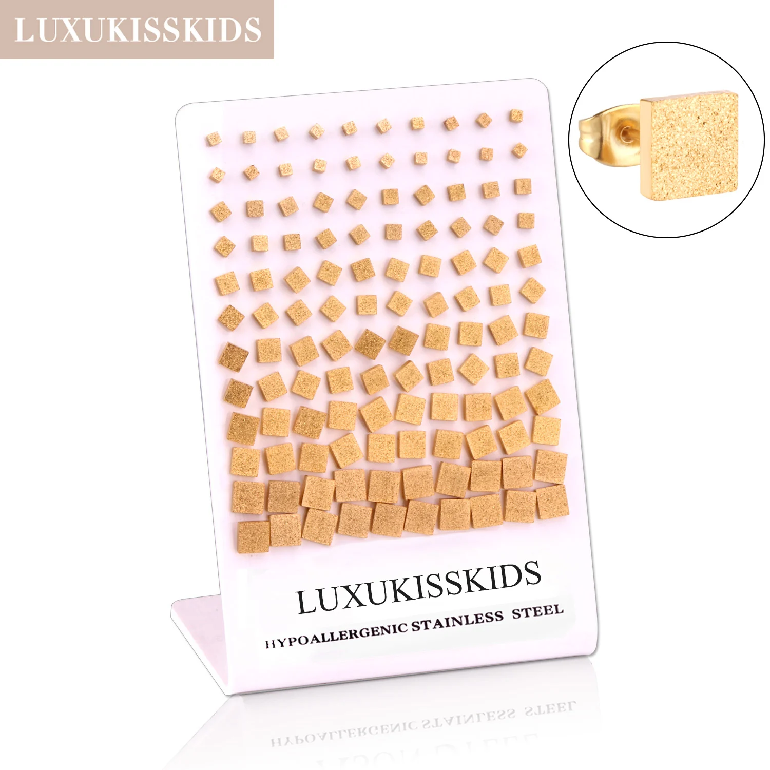 LUXUKISSKIDS 60parirs Simple Square Shape Wholesale Studs Earrings Many Size Gold Plated Smooth Mental Frosted Steel Piercing