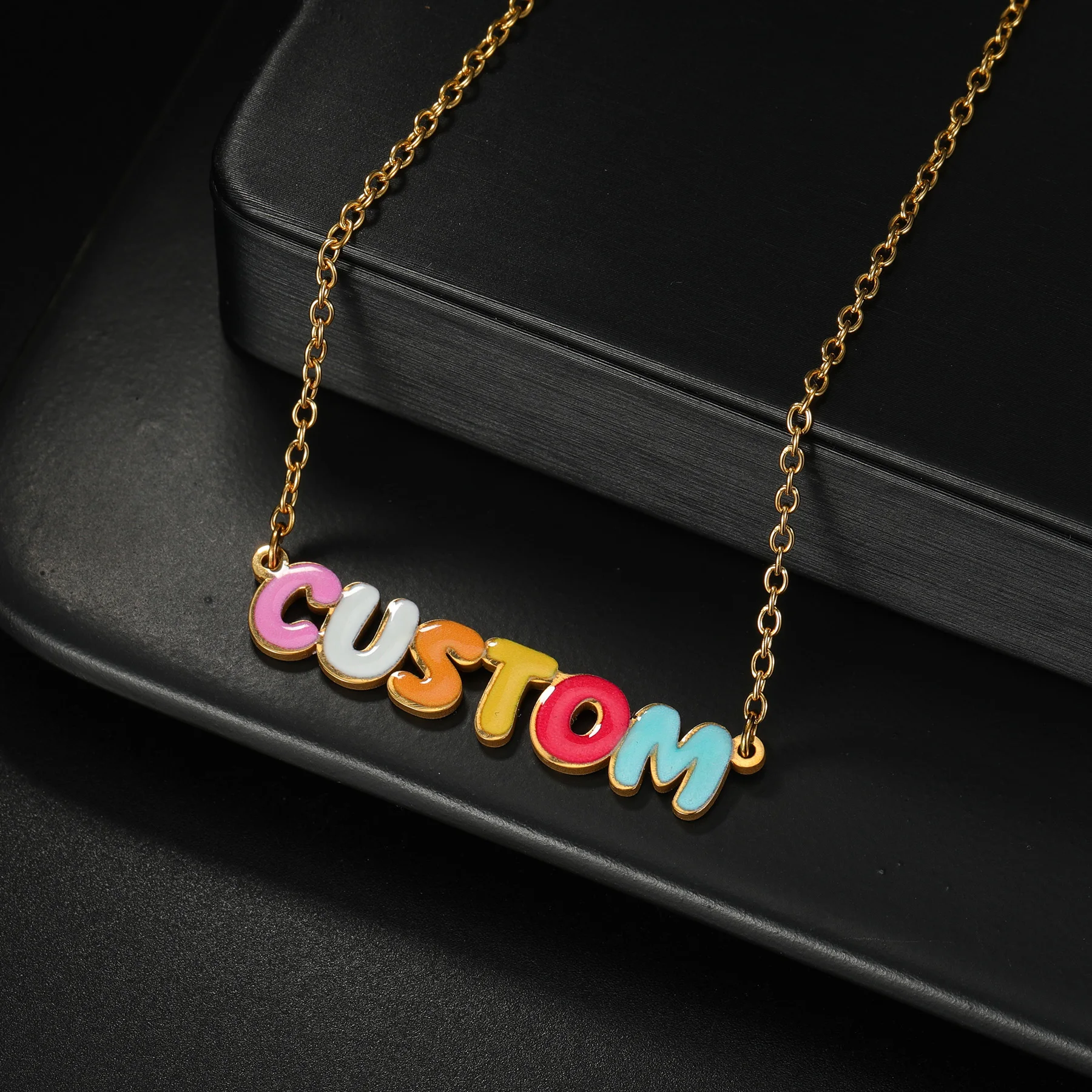 Atoztide Personalized Custom Name Necklace for Women UV Color Printing Initials Letter Stainless Steel Nameplate Jewerly Gift