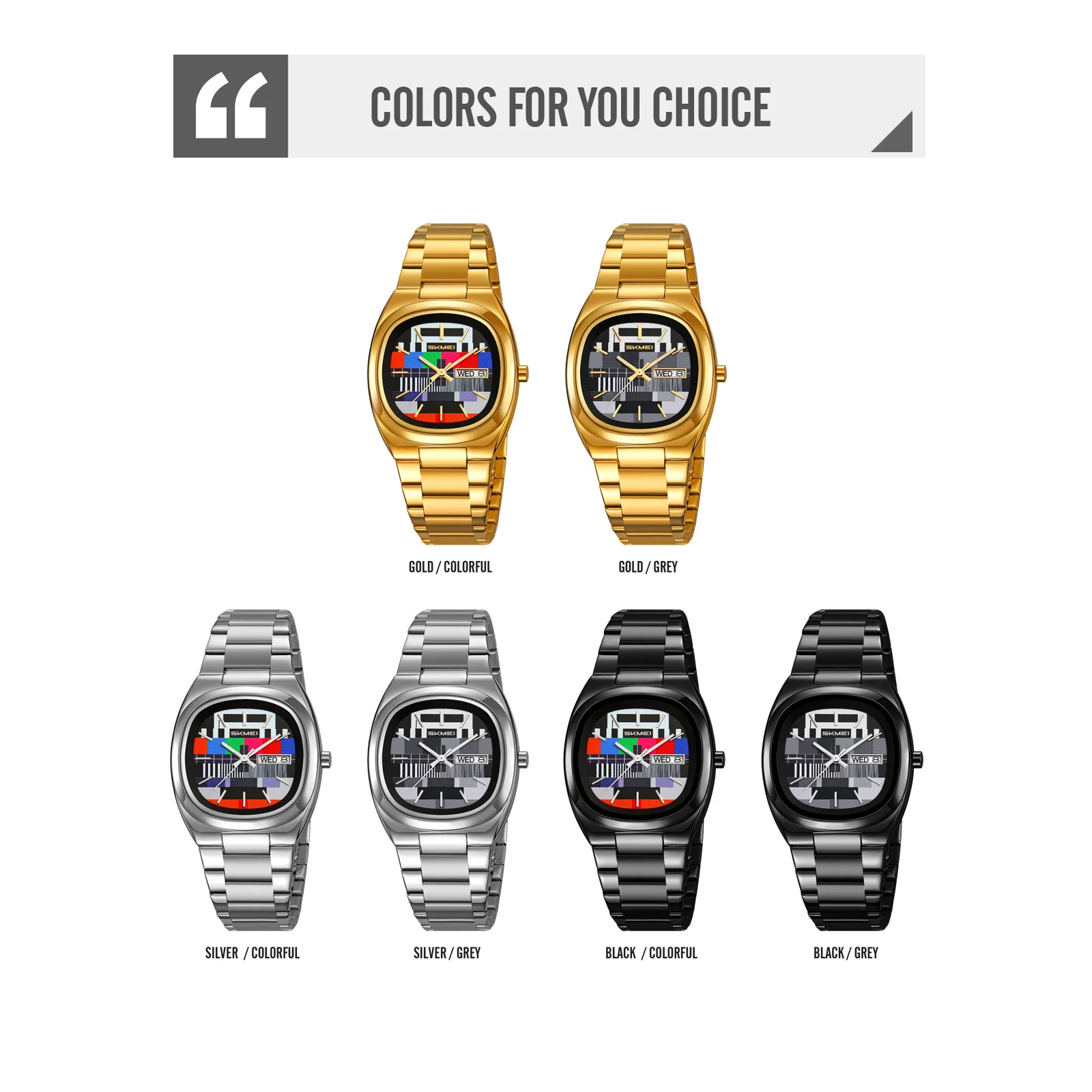 SKMEI Men's Retro Simple Gold Watch Oval - Shaped Case TV Test Pattern Dial, Stainless Steel Band Time Week Date 30M Water 9375