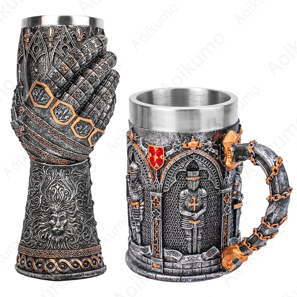 The Vow English Armoured Knight Latin Oath Beer Mug Tankard Stein 304 Stainless Steel Armoured Glove Chalice Goblet Wine Glass