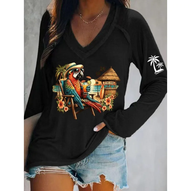 Ilstile Women's Parrot Print T-Shirts Spring Summer Long Sleeve T Shirt Music Festival Casual Loose V Neck Tops White Green