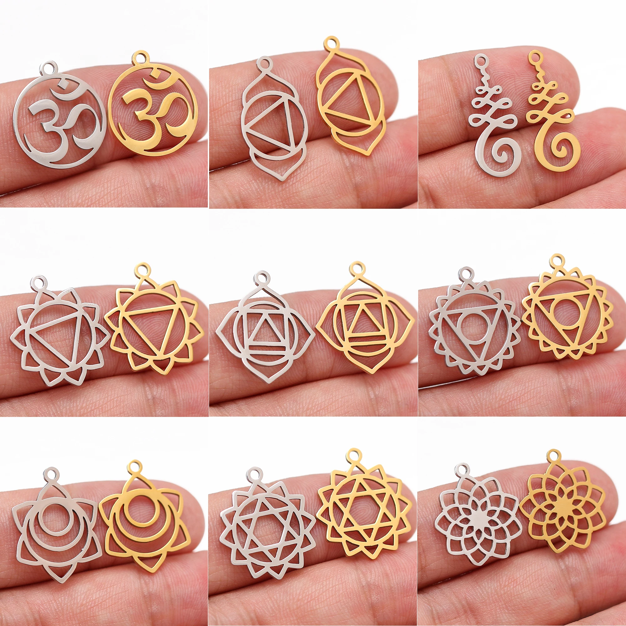 5 sztuk/partia złącze Chakra Charms dla majsterkowiczów tworzenia biżuterii ze stali nierdzewnej OM Mandala joga wisiorki bransoletka akcesoria naszyjnikowe