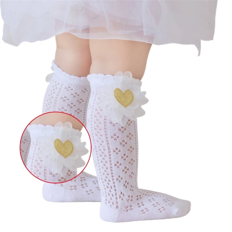 Hollowout Knee High Socks AntiSlip MidCalf Socks Spring Soft Thin Elastic Socks Child Fishnet Socks Lace Flower Socks