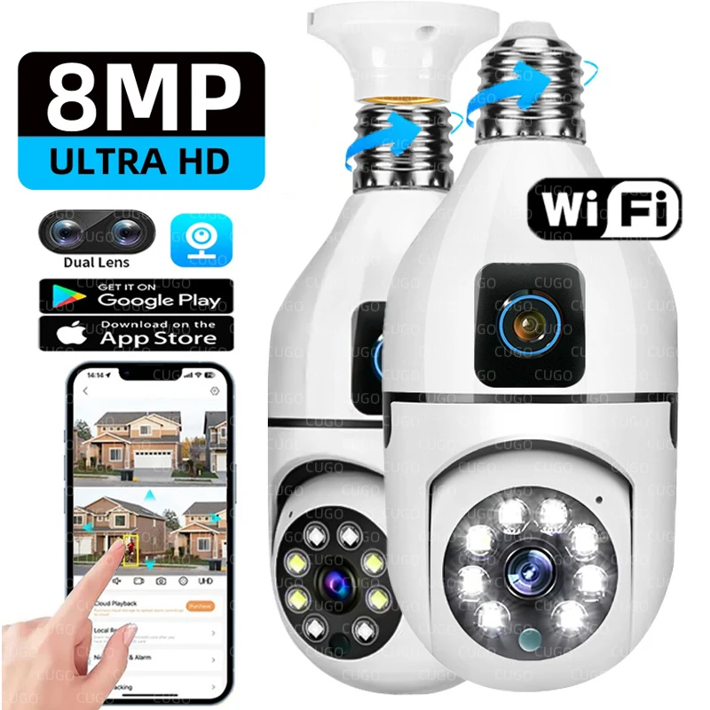 8MP E27 ampoule WIFI caméra sans fil double objectif double écran sécurité couleur Vision nocturne AI suivi humain alarme vocale caméra ip Cam