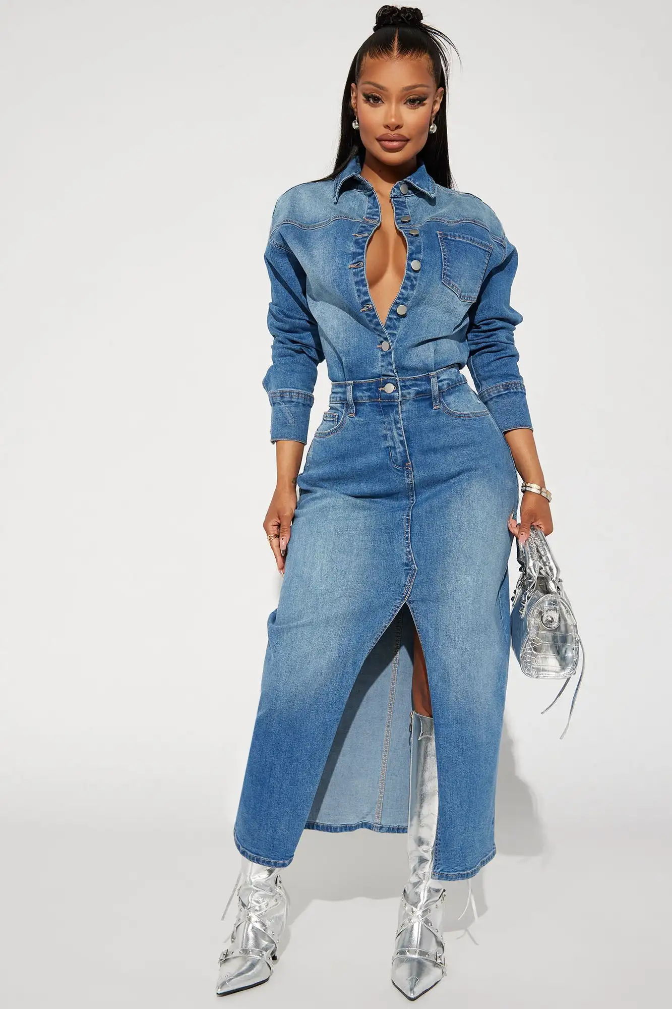 Blue Jeans Split Long Dress Sexy Women Turn Down Collar Elegant Denim Casual Maxi Dress Vestidos