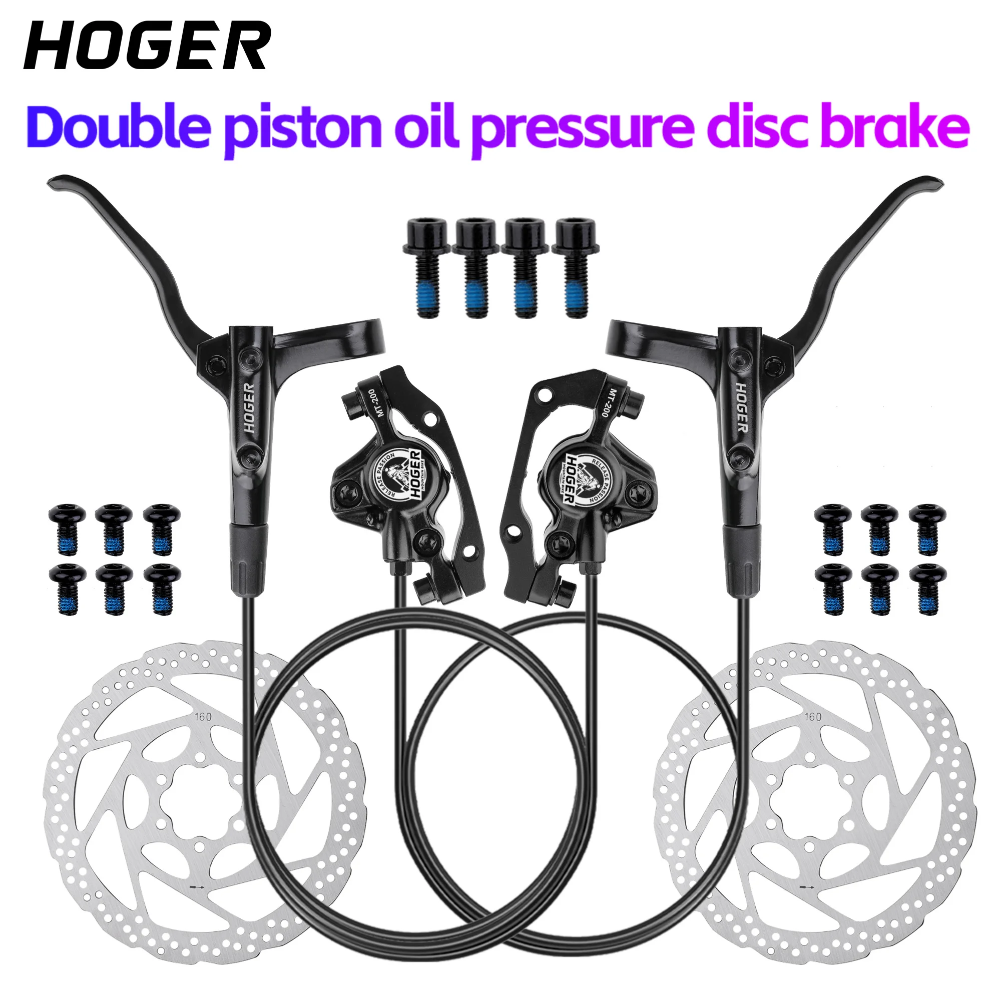 HOGER MTB Hydraulic Disc Brake 2Piston Lightweight XC Trail Calipers Original Metal Pads Oil Pressure Rotor handlebar short grip