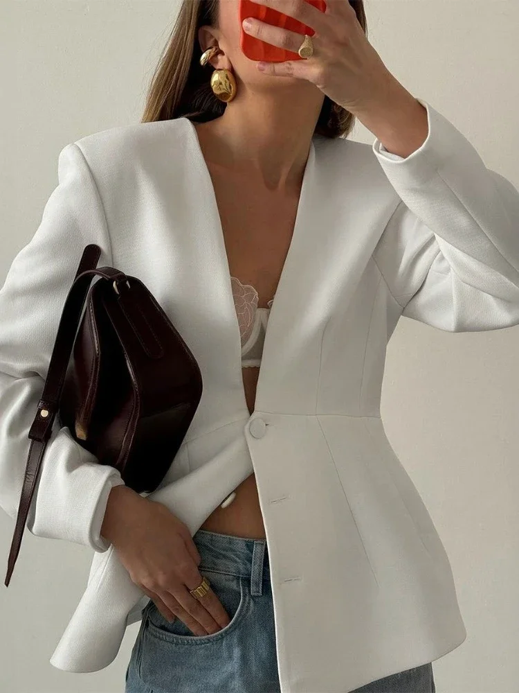 

Elegant Office Lady Deep V-neck Single Breasted Solid Blazers Women's Autumn Long Sleeve Tunics Slim Outerwear Suit Streetwear
