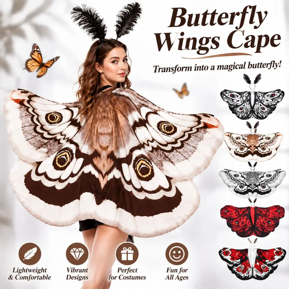Elegant Polyester Butterfly Wing Shawl with Headpiece DIY Decor Moth Shawl Moth Costume Wing Cape Themed Parties