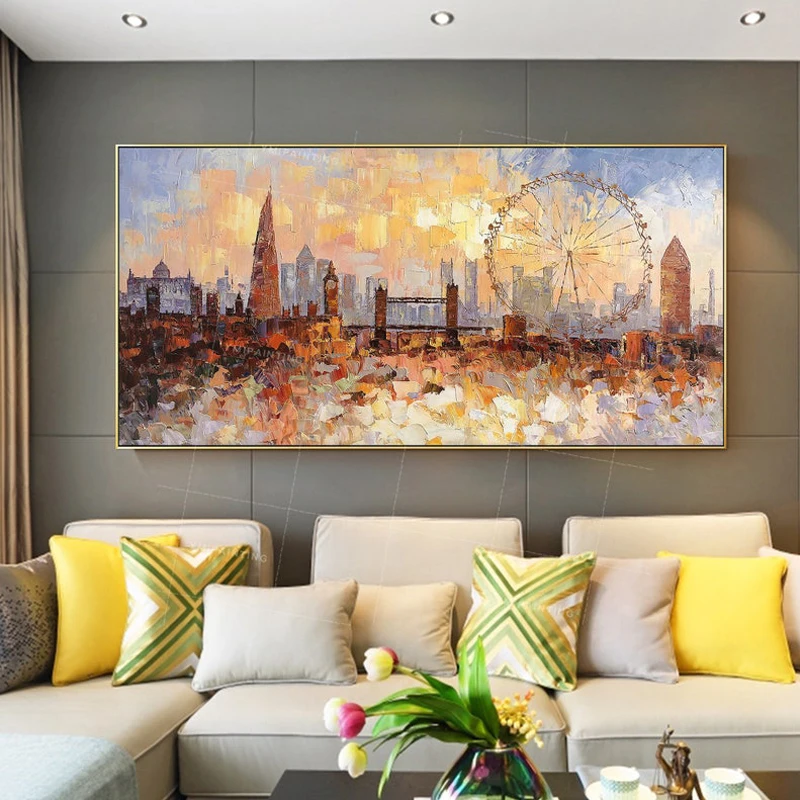 London City Skyline Hand Painted Oil Painting On Canvas Modern Impasto Heavy Texture Cityscape Large Wall Art Room Home Decor