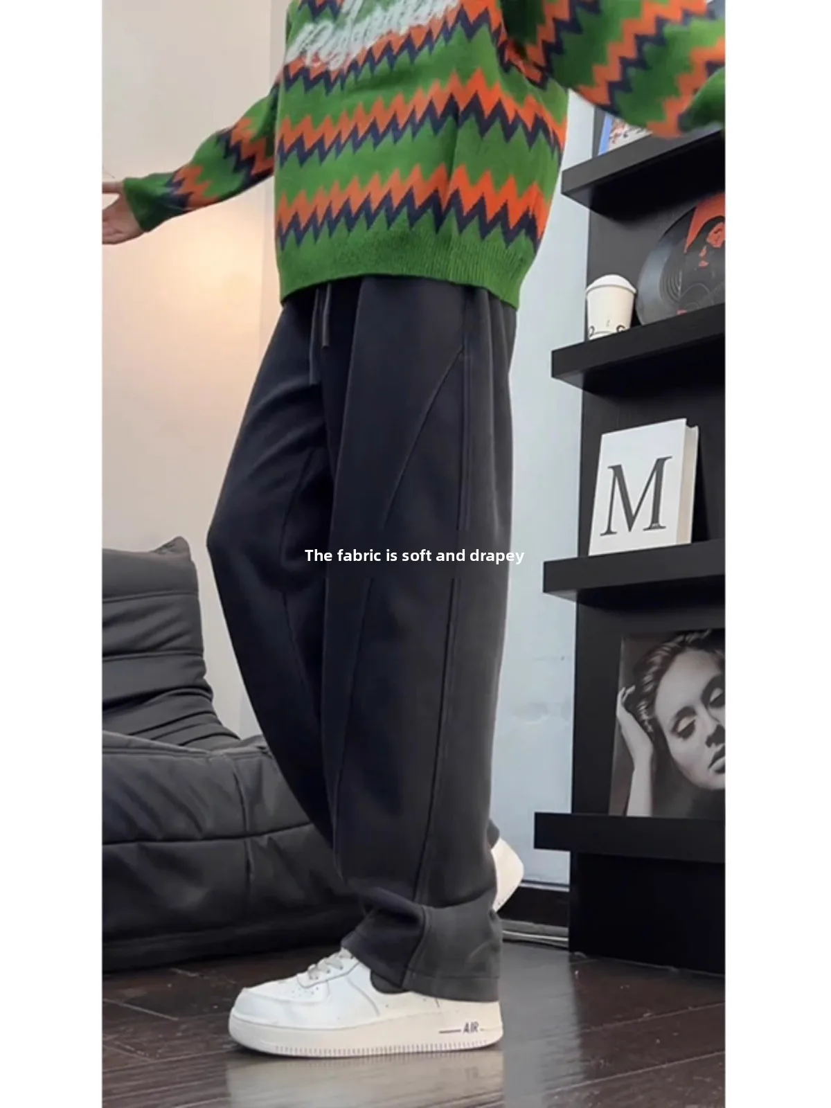 ay Fce Lined Wide Leg Men's Sweatpants Autumn Winter Drape Heavy American Sport Straight Casual Long Trousers