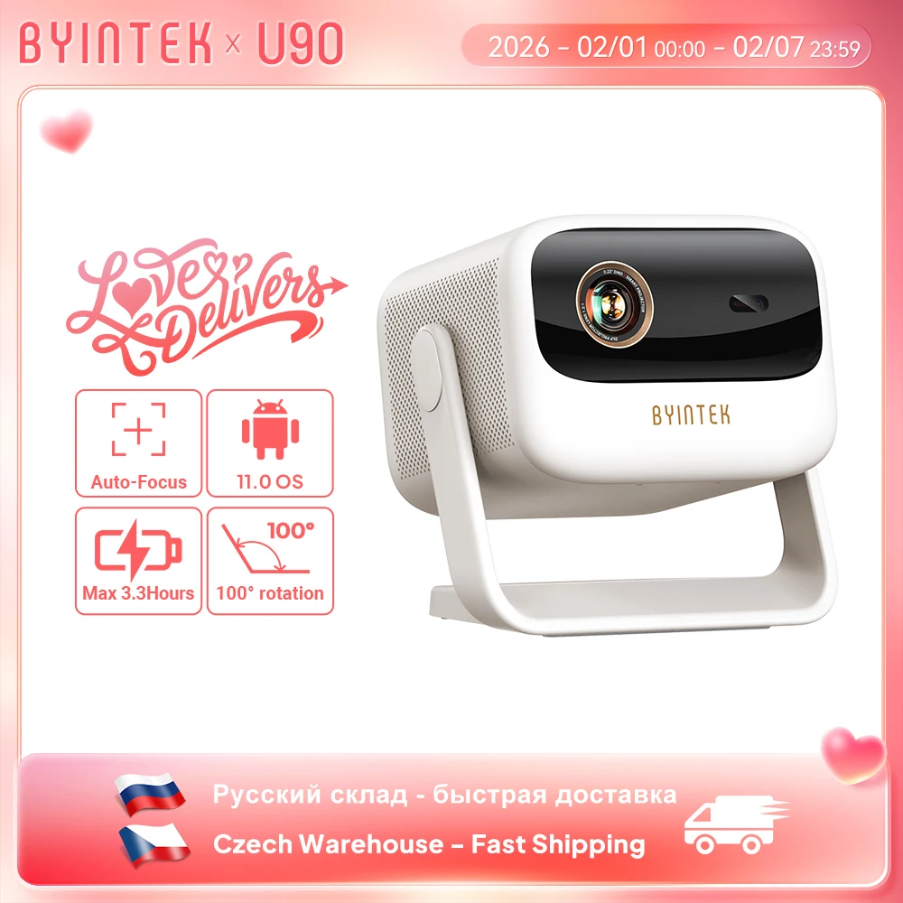 BYINTEK U90 Projector 4K Full HD1080P Cinema Android 11.0 WiFi Mini Portable 1080P Home Theater Video DLP Projector with Battery