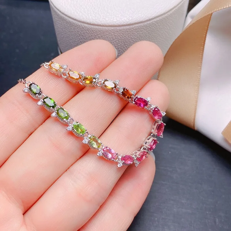 925 Sterling Silver Natural Tourmaline Simple Bracelet Gem Bracelet Ladies Wedding Jewelry 4*6 Mm Jewelry Luxury