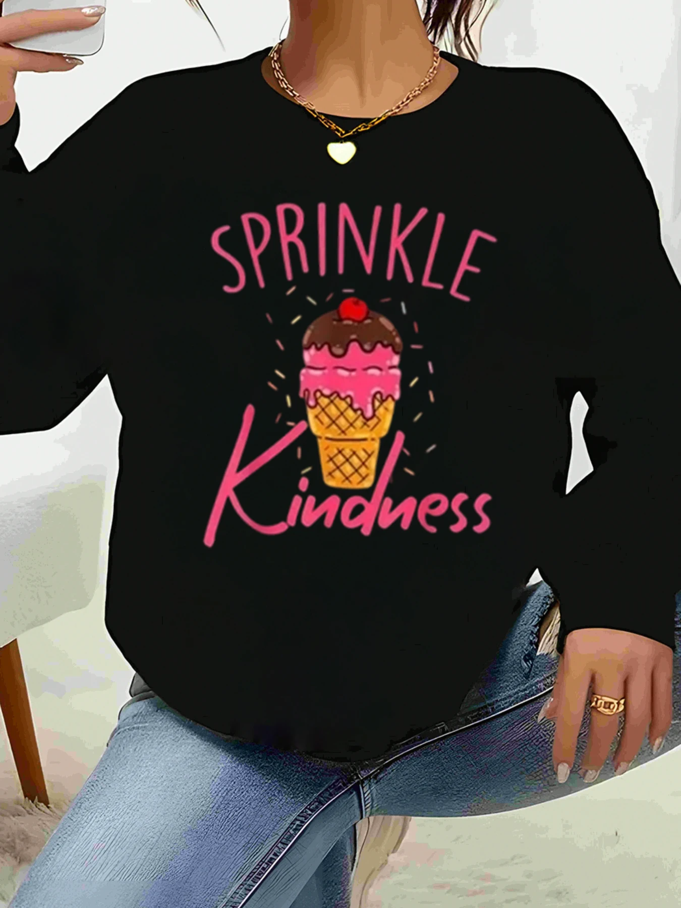 Sprinkle Kindness アイスクリームプリント長袖Tシャツカジュアルウェアレディースファッション春夏衣装