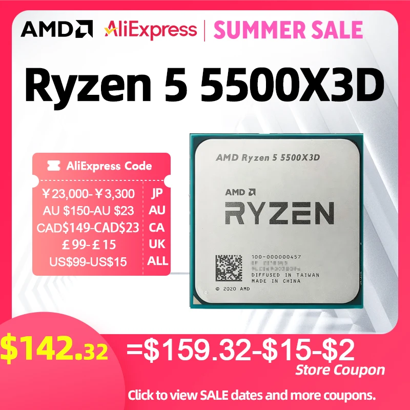 AMD Ryzen 5 5500X3D 6C/12T Processor: 96MB L3 3D V-Cache Tech, 3.0-4.0GHz, 105W TDP, AM4 Socket  - No fan  Esports Build