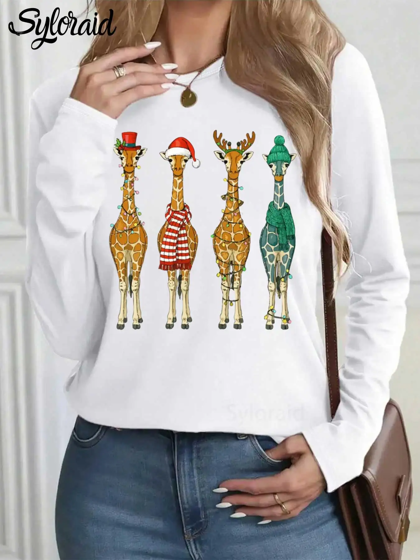 여성용 긴 소매 티셔츠 재미 있은 기린 크리스마스 프린트 티셔츠 패션 라운드 넥 캐주얼 탑