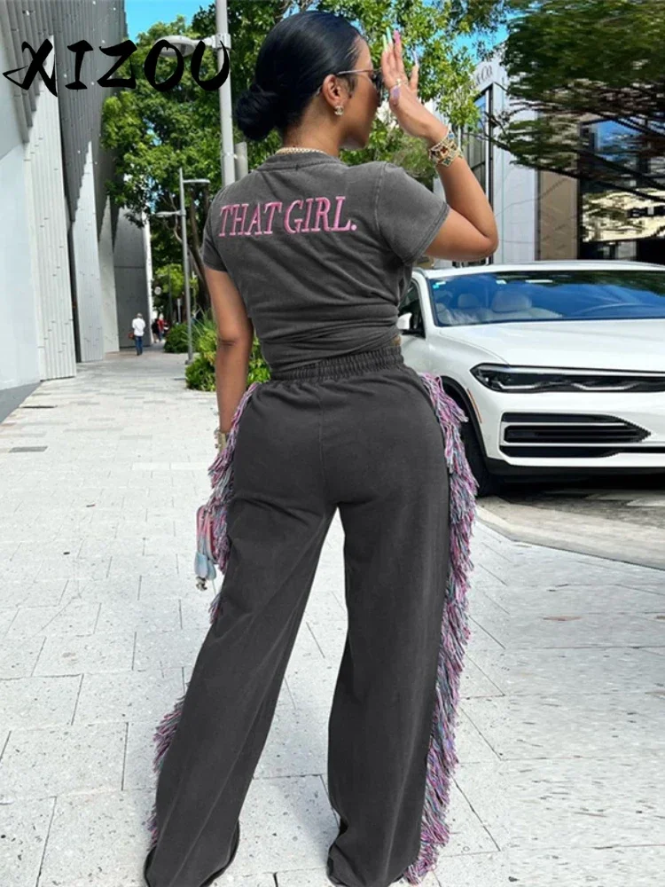 

XIZOU Casual Women 2 Piece Set Tracksuit Sporty Letter Embroidery Crop Tops+Side Tassel Straight Pants Matching Streetwear