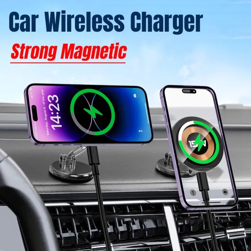 

15W Magnetic Car Wireless Charger Phone Holder For Magsafe iPhone 16 15 14 13 12 Samsung Xiaomi Stand Fast Charging Gift 2*Ring