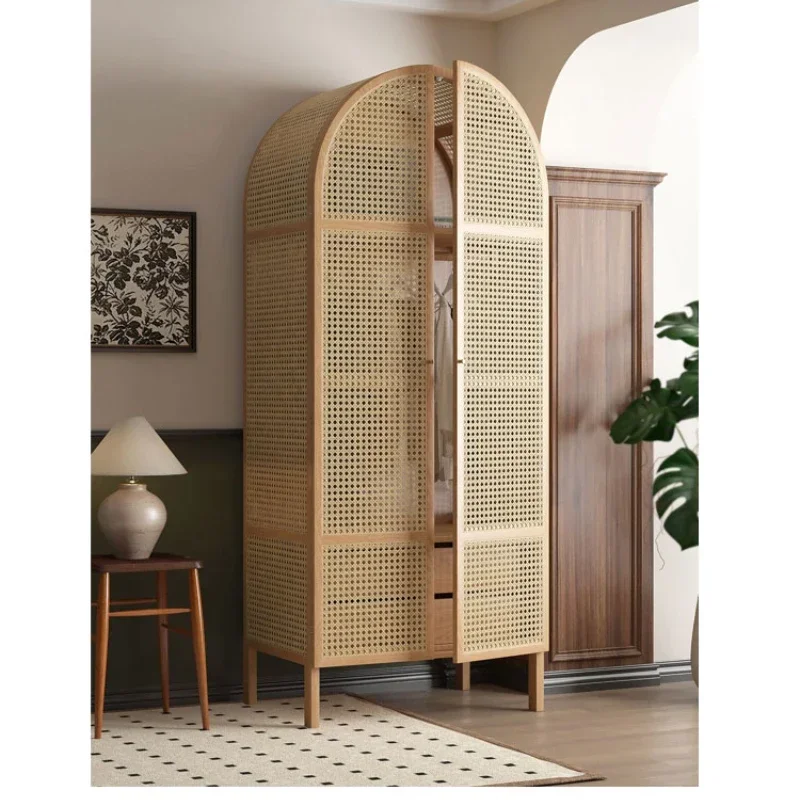 

Quiefeng solid wood rattan wardrobe storage small apartment retro homestay bedroom Japanese simple designer wardrobe