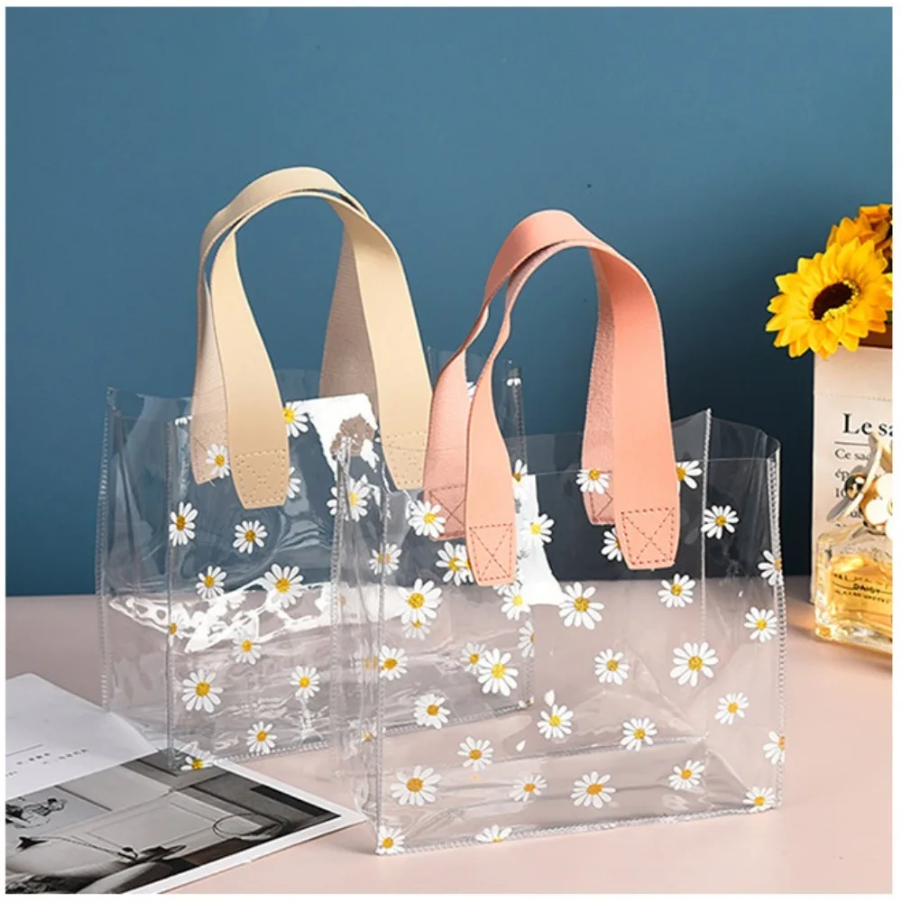 High Quality PVC Transparent Clear Tote Bag Little Daisy Waterproof Storage Bag Handle Gift Bag Transparent Shopping Bags