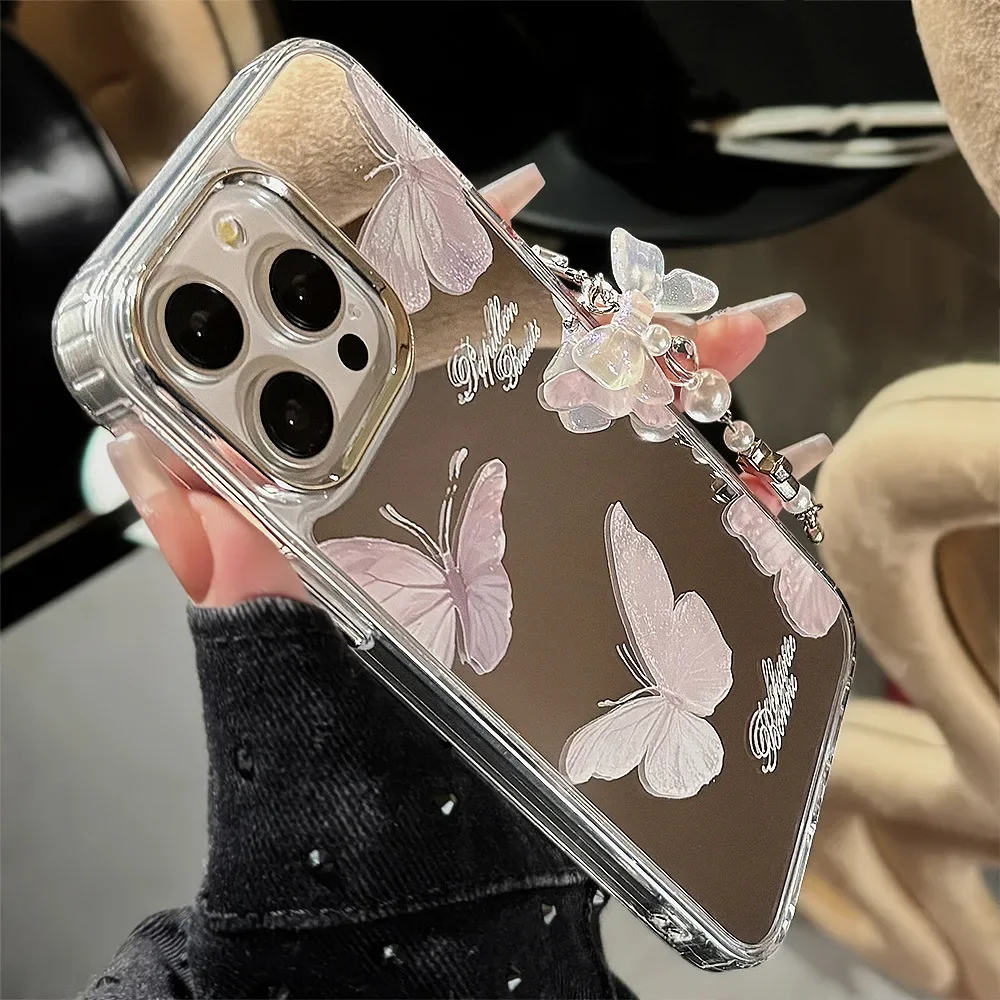 Koreanische rosa Schmetterlings-Make-up-Spiegel-Handyhülle mit Armband für iPhone 17 Air 16 15 14 11 12 13 Pro Max, stoßfeste Hartschale