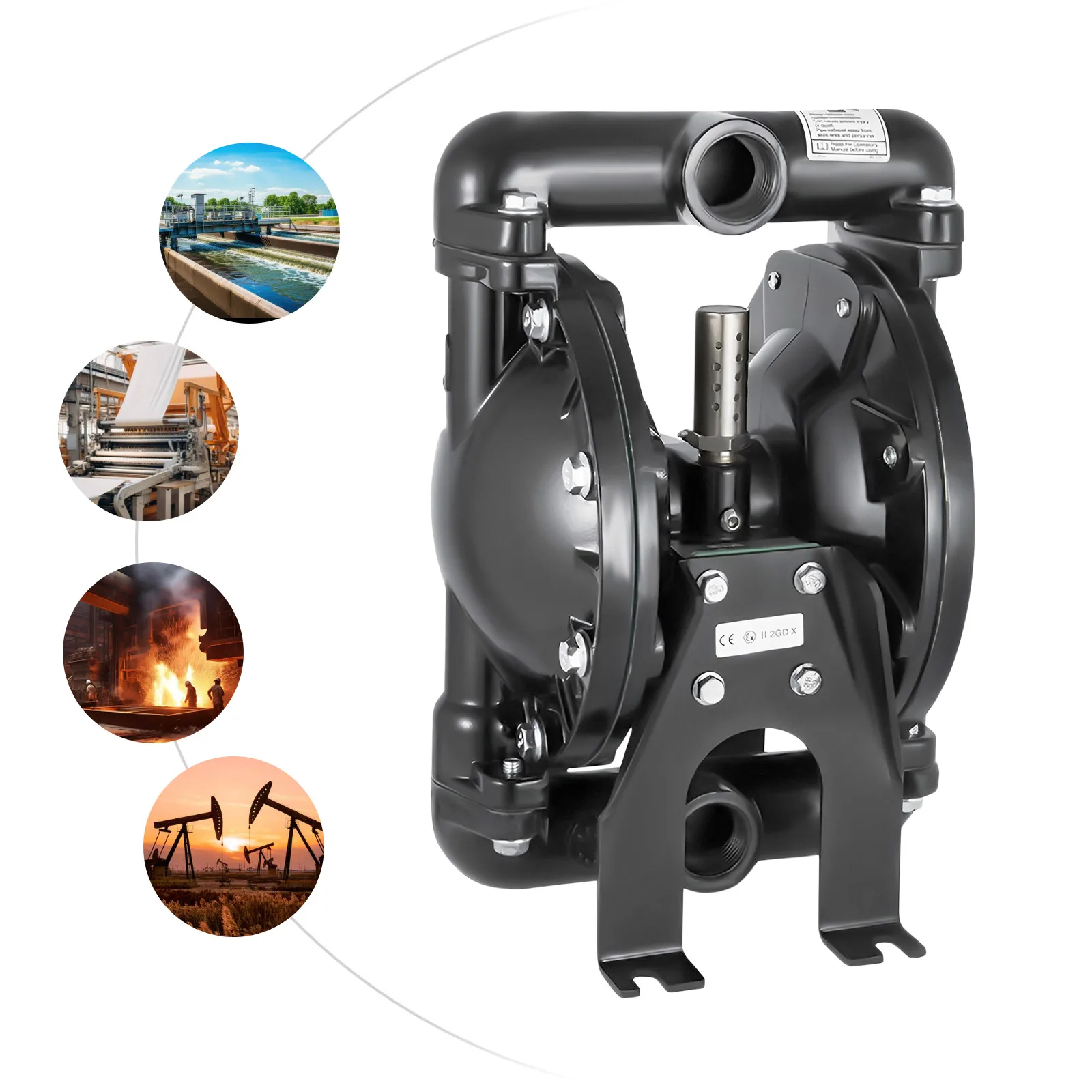 ปั๊มไดอะแฟรมคู่แบบใช้ลม 35 แกลลอนต่อนาที พร้อมช่องต่อ, ปั๊มไดอะแฟรมอะลูมิเนียม, ไดอะแฟรมไนไตรล์, สำหรับน้ำ, น้ำมันก๊าด