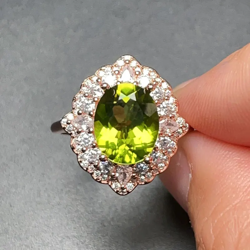 3ct Natural Peridot Ring for Wedding 7mm*9mm VVS Grade Peridot 925 Silver Ring 3 Layers 18K Gold Plating Sterling Sivler Jewelry