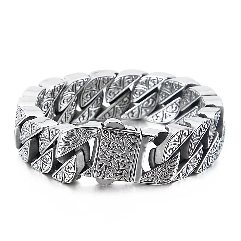 Fongten Vintage Bracelet For Men Carving Cuban Chain Stainless Steel Men's Bracelets Bangle Viking Gold Silver Color Jewelry