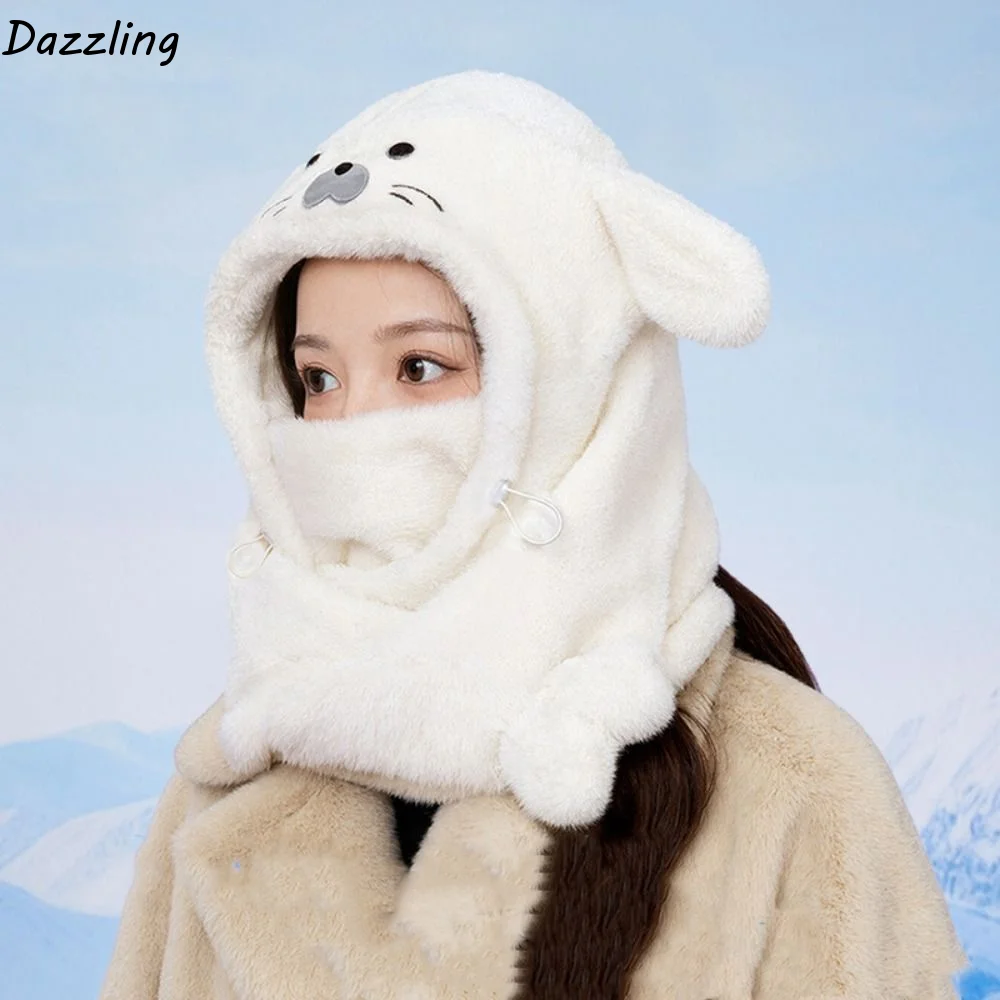 Cute Fleece Seal Plush Hooded Scarf 3 in 1 Cute Earflap Hat Thickened Solid Color Winter Cap Winter/Autumn