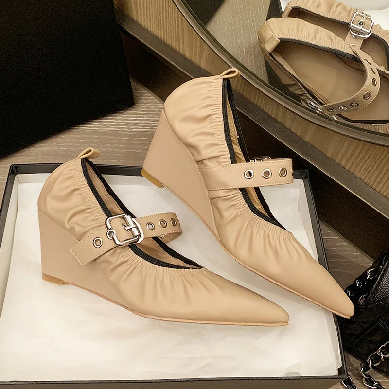 

MKKHOU Fashion Pumps New High Quality Genuine Leather Belt Buckle Sharp Fold Slope Heels High Heels Daily Commuter Women's Shoes