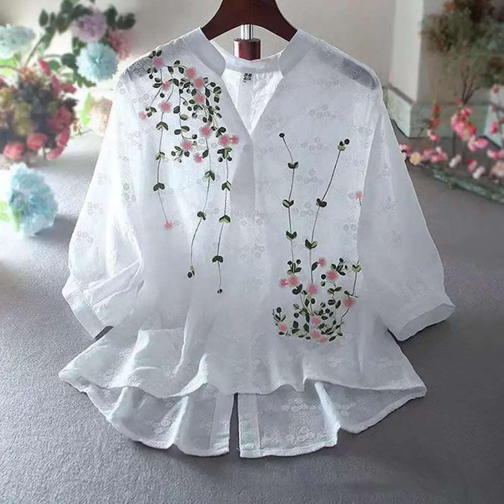 Katoen Vintage Bloemen Geborduurde Vrouwen Blouse Shirt Stand Kraag V-hals Halve Knoopsluiting Terug Split Onregelmatige Zoom Vrouwen Tops Shirt