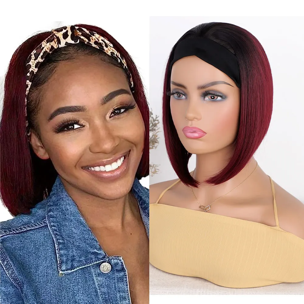 

10-дюймовый короткий боб, повязка на голову, парик из синтетических волос для женщин, бразильские волосы Remy, полный машинный парик с повязкой на голову