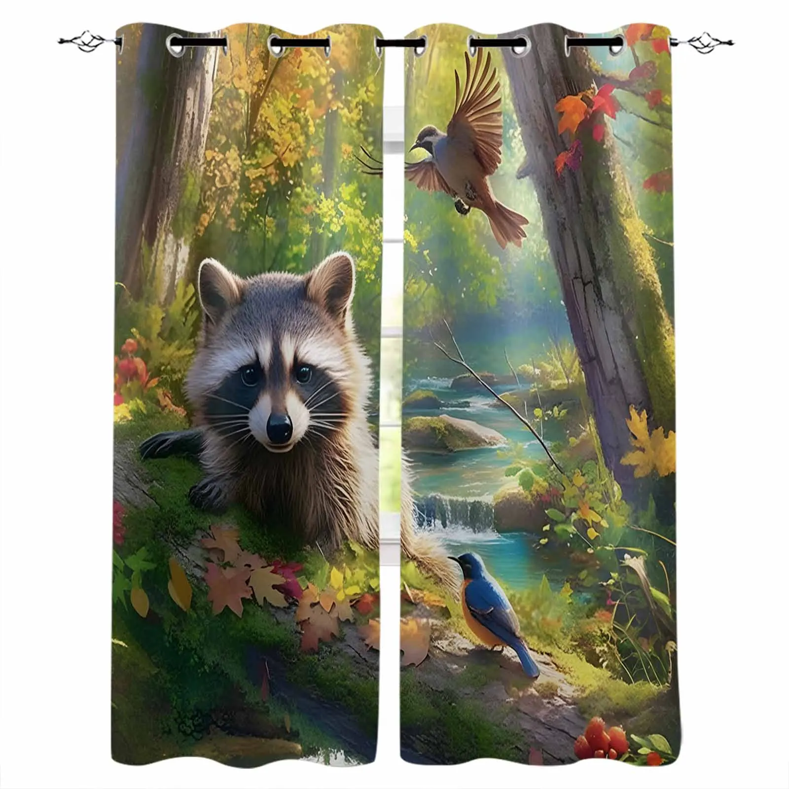 

Bird Forest Stream Raccoon Curtains for Living Room Window Decoration Curtains in Home Kitchen Luxury Bedroom Drapes