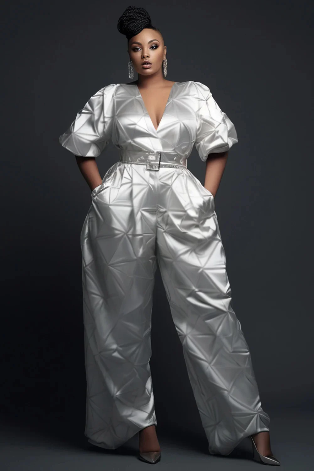 

Plus Size Formal Silver V Neck Short Sleeve Pocket Elegant Satin Jumpsuits