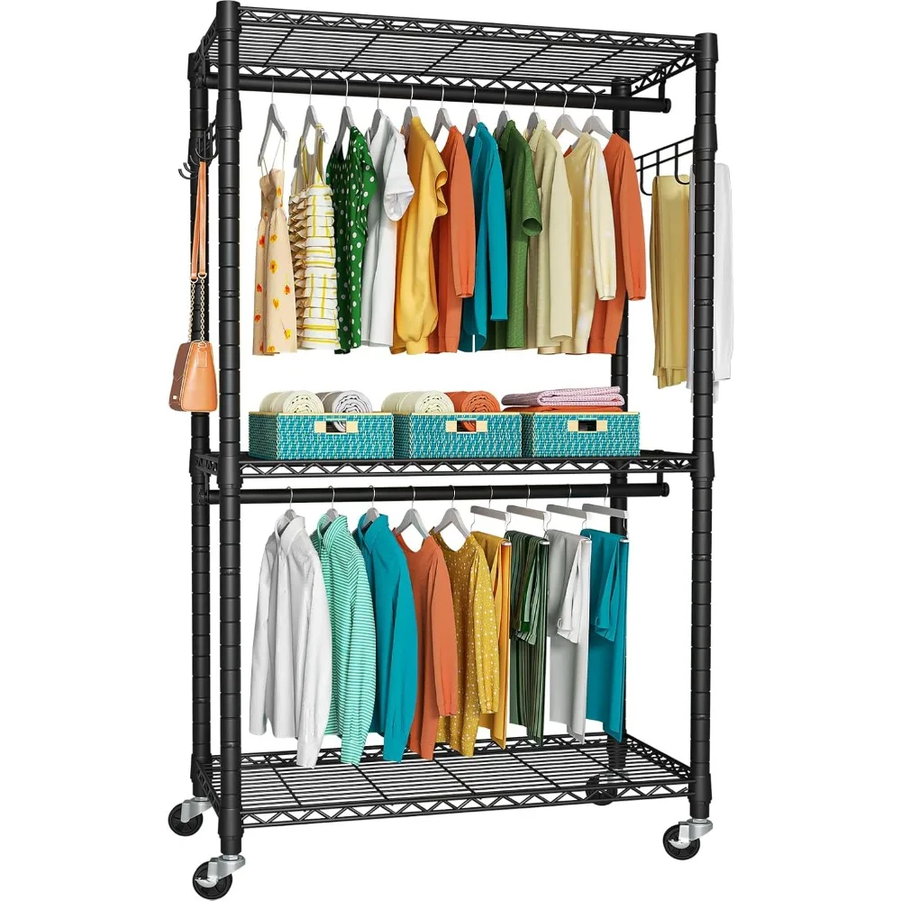 

P1 Heavy Duty Garment Rack, 3 Tiers Adjustable Rolling Metal Closet Organizer with Lockable Wheels, FreeStanding Wardrobe