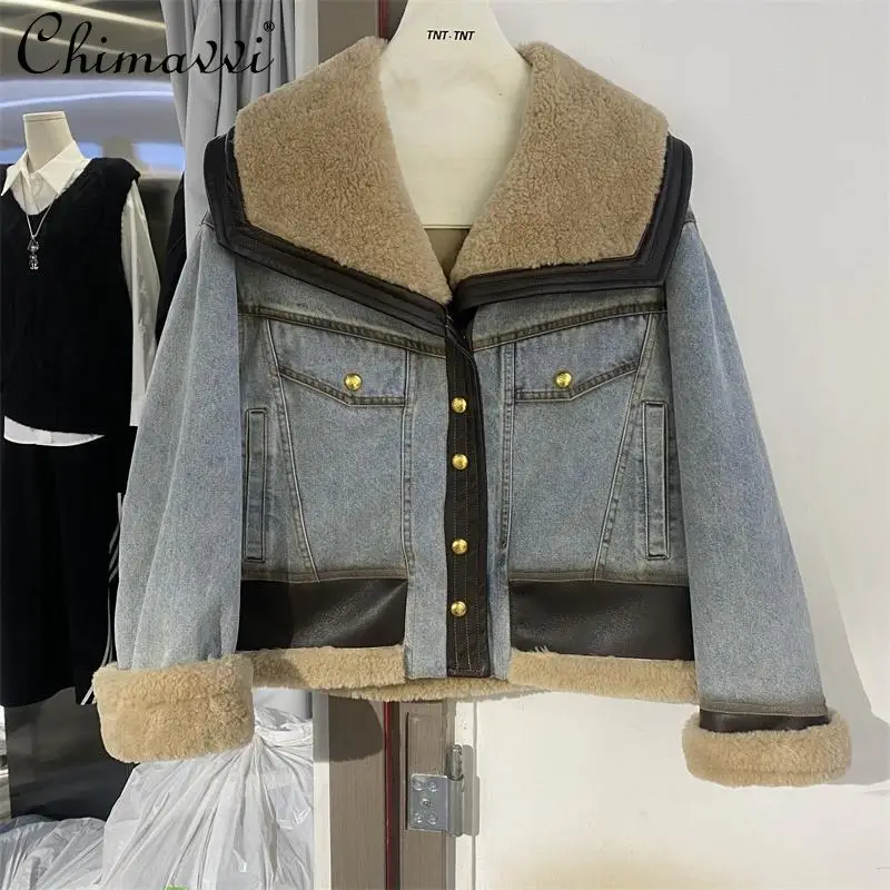 

2024 Winter New European Lamb Wool Splicing Down Liner Denim Casual Temperament White Duck Down Jacket For Women