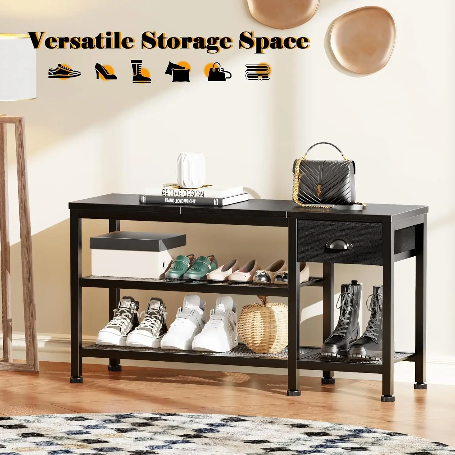 

Shoes Stool with Wood Seat & Metal Mesh Shelves, Boots Rack Indoor,Free Standing Shoe Organizer for Front Door,Foyer,Dorm