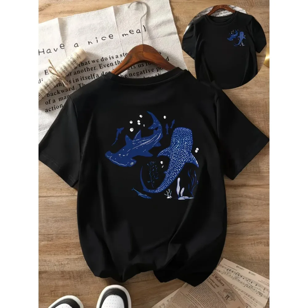 Walhai-Baumwoll-T-Shirt für Herren und Damen, T-Shirt mit Ozean-Motiv, Hammerhai-Rückendruck, kurzärmelig, lockeres, ästhetisches Sommer-Top – Detail 3