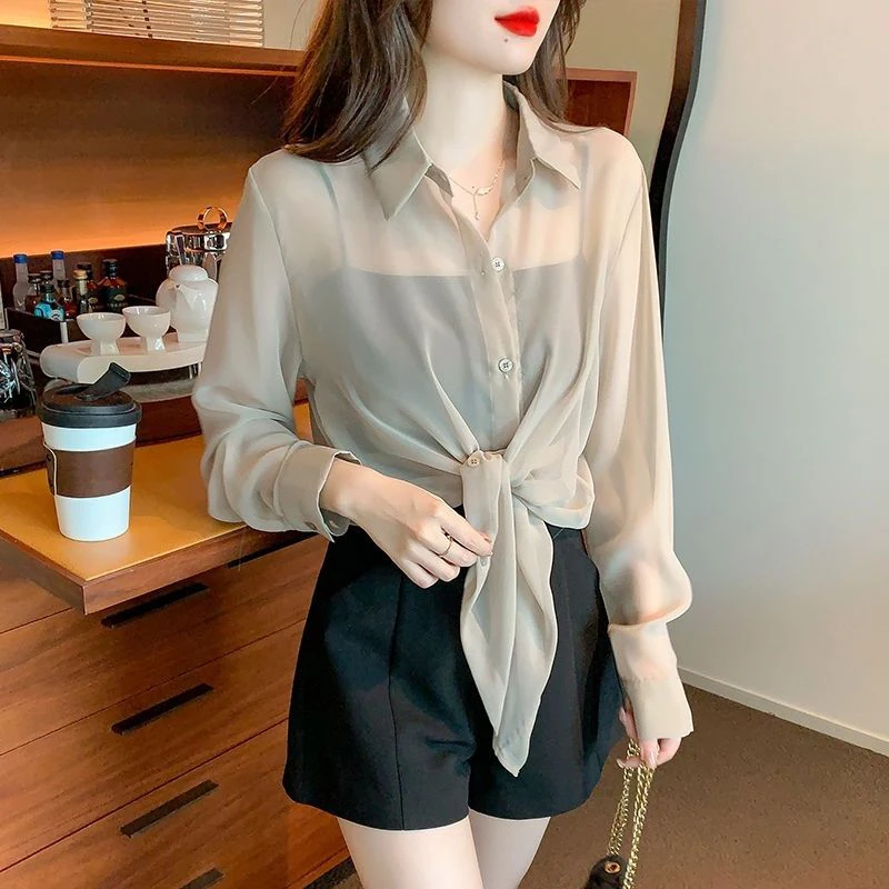 Chiffon Lace Up Sun Proof Blouse Women Sweet Long Sleeve Thin Casual Shirt Summer Elegant Loose Lady Turn Down Collar Short Tops