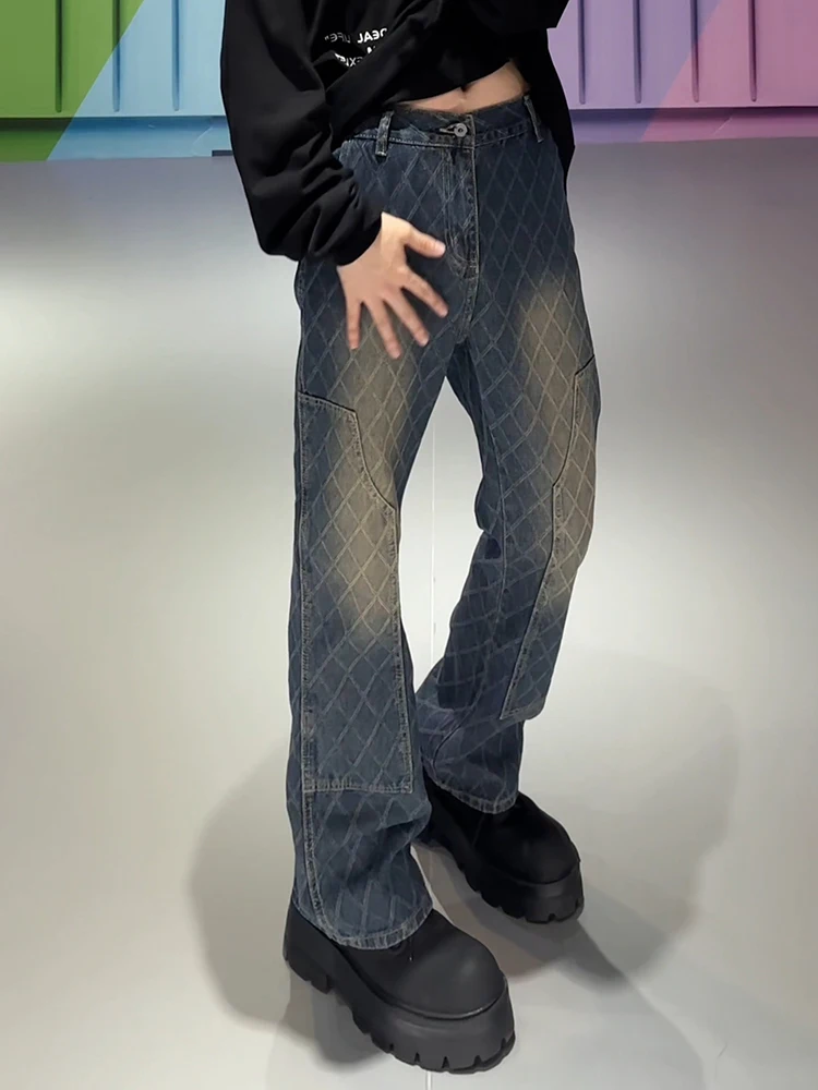 

Мужские джинсы прямого кроя с вышивкой в ​​голубую клетку, осенне-зимние, модные, брендовые, стильные, уличные, длинные брюки, облегающие, с расклешенным низом