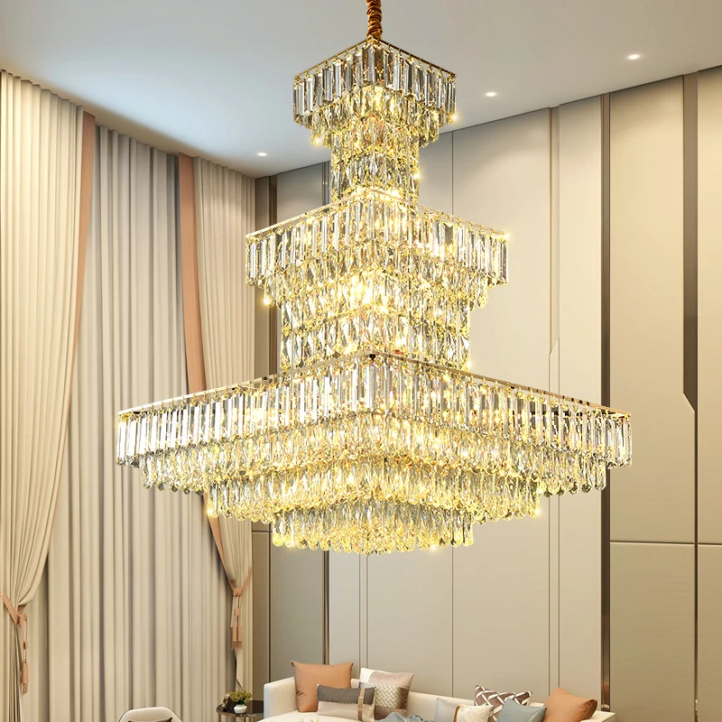 

Penthouse Light Luxury Chandelier Villa Building High Living Room Light Modern Simple Hollow Spiral Staircase Crystal Chandelier