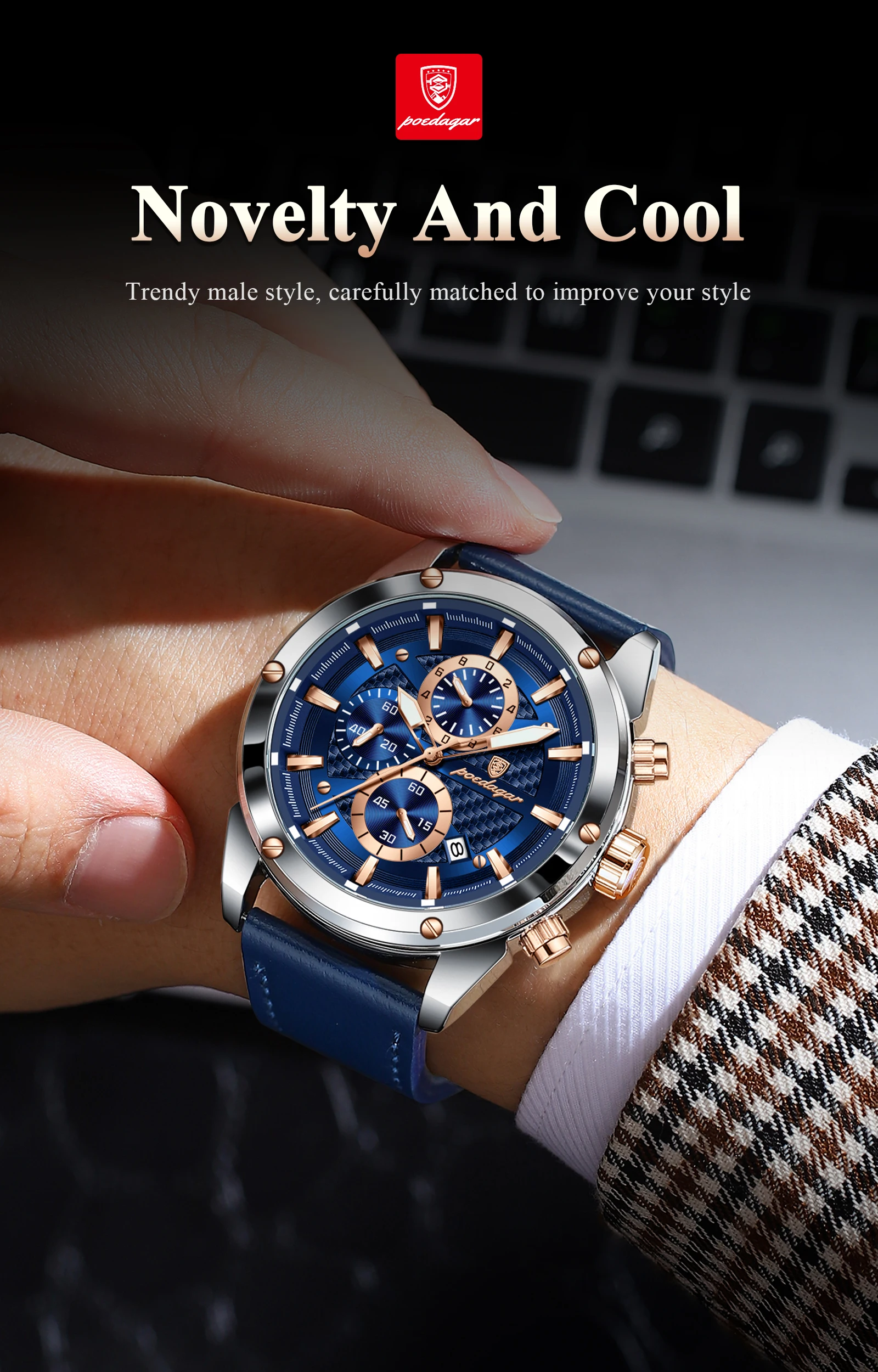 POEDAGAR Business-Mann-Uhr, wasserdicht, leuchtend, Chronograph, Datum, Original-Uhren für Herren, Leder, Luxus-Herren-Quarz-Armbanduhr – Detail 16