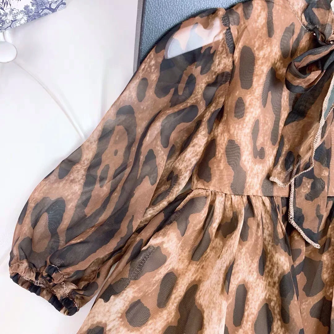 High-end childrens clothing custom summer clothing kids girls dresses ladies leopard printed chiffon dress soft