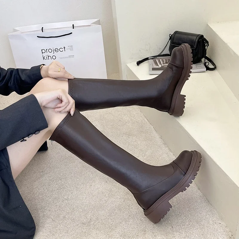 Winter V-calf Knight Boots Women's Versatile Vintage Style Thick Heel Long Boots Women's Shoes