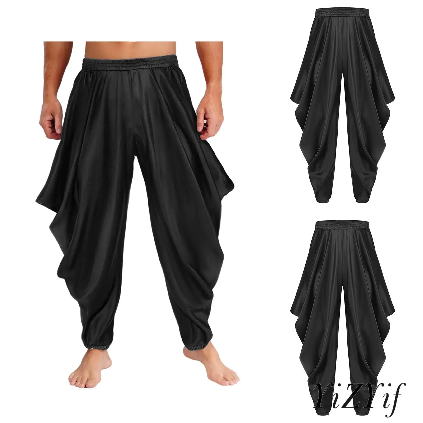 

Mens Arab Prince Costume Casual Harem Pants Elastic Waistband Satiny Loose Trousers Halloween Carnival Stage Performance Costume