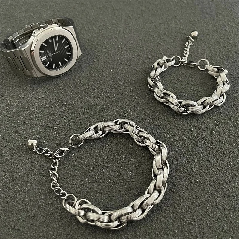 Japan And South Korea Colorless Cool Titanium Steel Fried Dough Twists Splicing Bracelet Men Fashion Ins Design Male Hip HoP