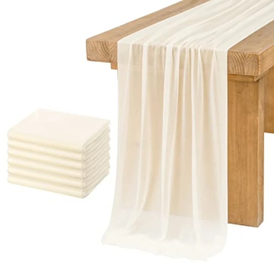 

6-Pack 10Feet Sheer Chiffon-Like Table Runner with Silver Sparkle Beige Table Decor for Wedding Rustic Boho Shower Party,Set of