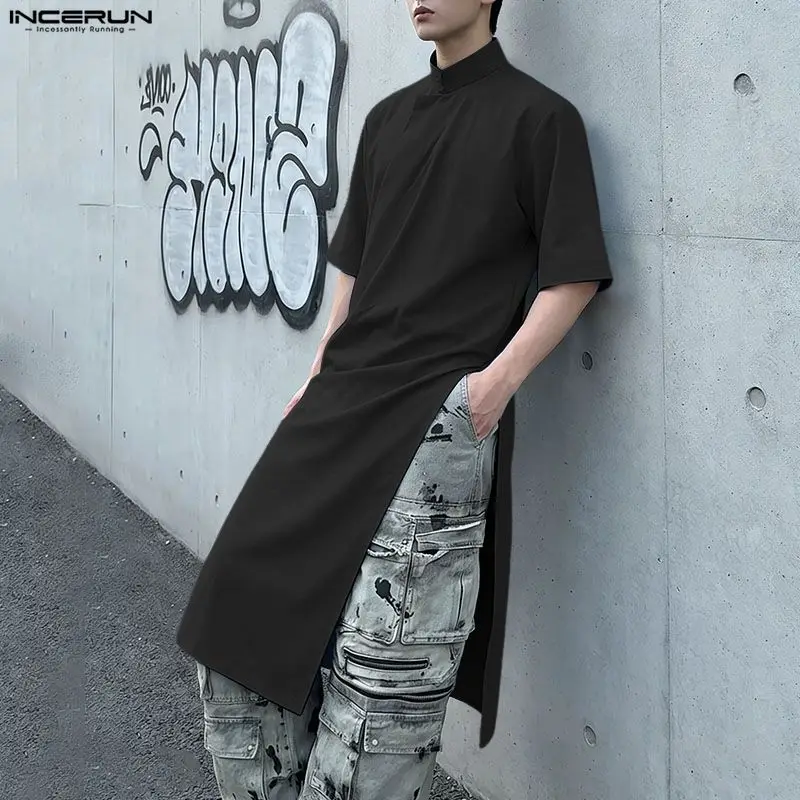 

INCERUN Men's Long Style Shirt Solid Vintage Stand Collar Men Clothes Streetwear Summer Half Sleeve Casual Tops Shirts For Man